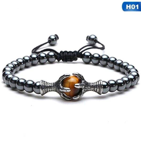 

link, chain eagle claw charm tiger eye natural stone bracelet for men hematite beaded & bangles adjustable, Black