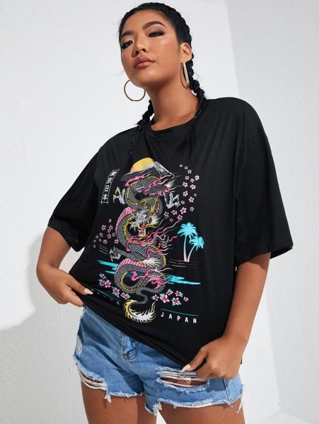 

plus chinese dragon print tee r3in#, Black