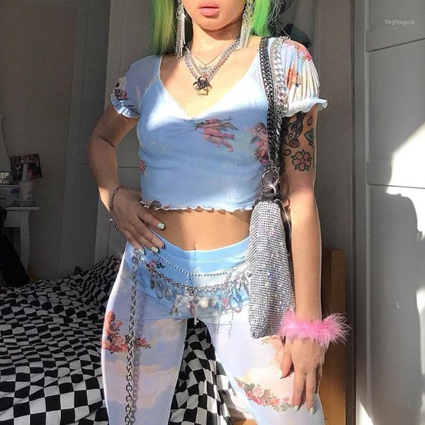 

v neck casual short sleeve crop mesh angel print slim summer beach pleated women t-shirt elastic fashion1, White