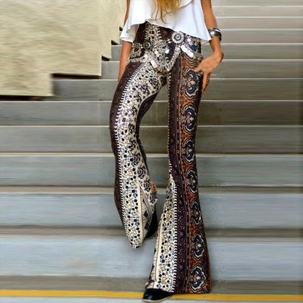 

womens boho printing flared trousers hippie high waist printed wide leg long flared bell bottom pants soft polyester lady pants, Black;white