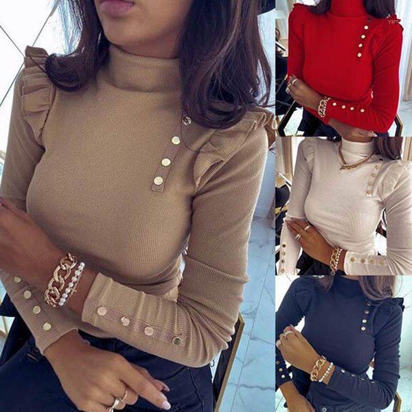 

2020 winter fashion new high neck button decoration solid color long sleeve slim bottoming shirt women #16271, White