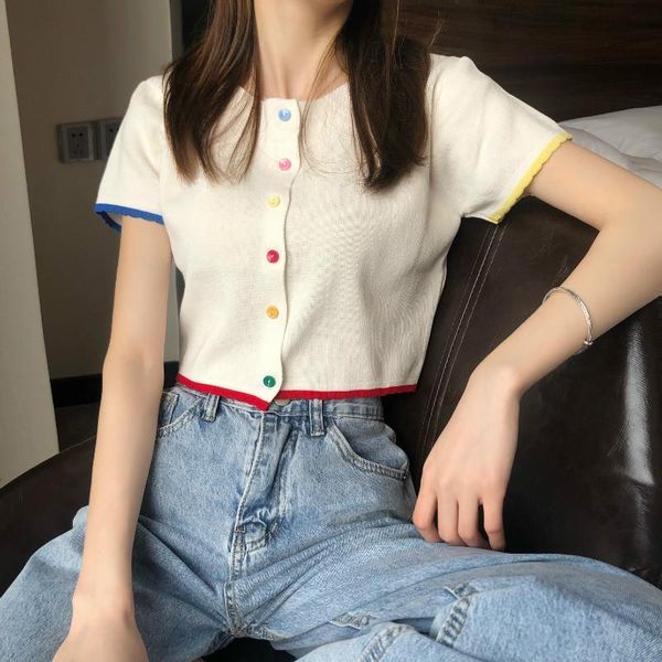 

white knitted cardigan women korean style short sleeve cardigan summer 2021 loose cropped jacket thin t-shirt female
