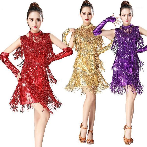 

female latin dance new performance costume performance set sequin tassel competition suit stage dress female1, Black;red