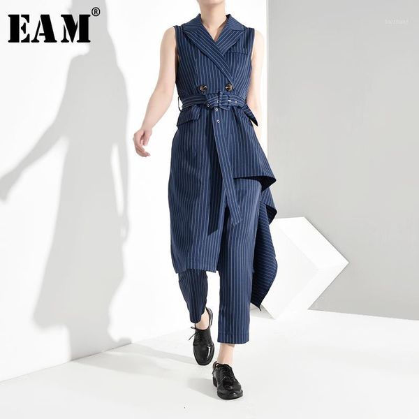 

eam] wide leg pants striped asymmetrical two piece suit new lapel sleeveless loose fit women fashion spring autumn 2019 yg35801, White
