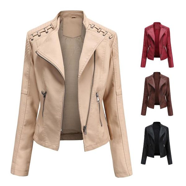 

women autumn winter faux leather jacket zipper stand collar motorcycle slim coat, Black;brown