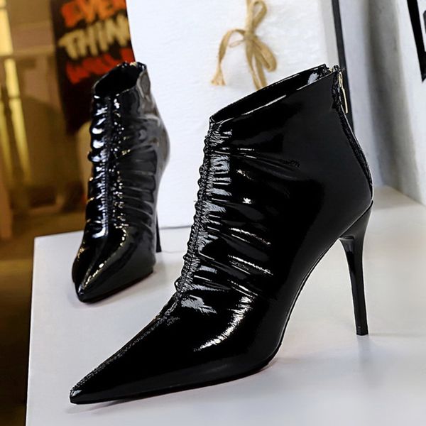 

women six 2020 inches in high heels, black toe short boots pointed patent leather stiletto heel club party shoes xt0o