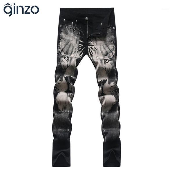 

men's fashion lion print jeans slim straight black stretch denim pants long trousers1, Blue
