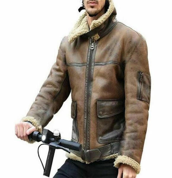 

winter mens lamb wool lined leather jacket parka outwear coat men retro fur locomotive jacket zipper pu leather coat warm, Gray