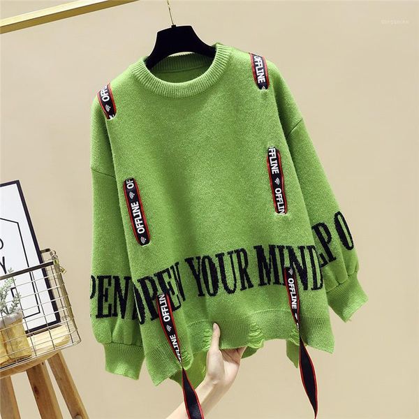 

2019new fashion trend korean version loose cap letter ribbon lantern sleeve knitwear sweater winter dresses women girls sweaters1, White;black