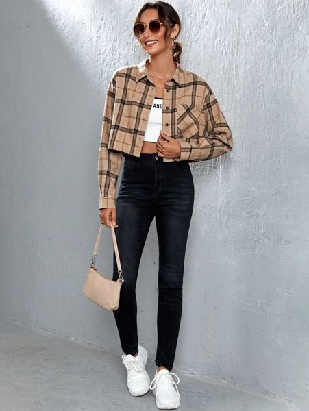 

plaid patched pocket drop shoulder crop blouse r5ga#, White