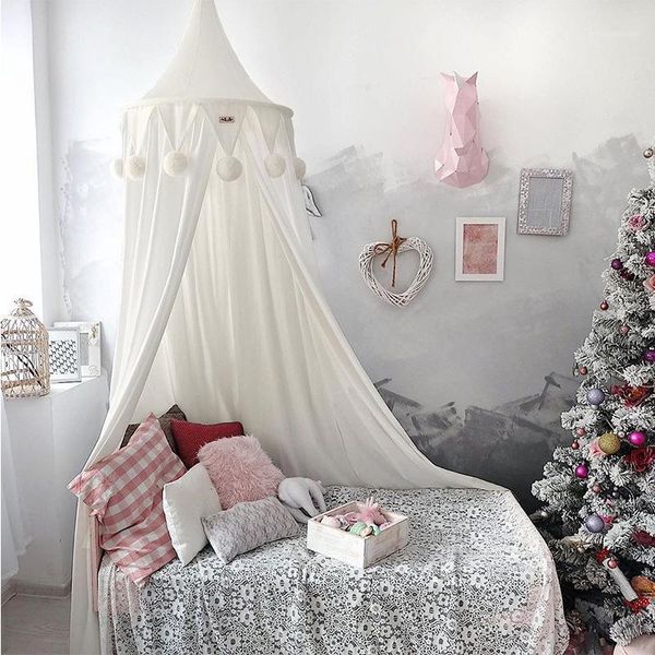 

pom-pom tassel girls room canopy bed curtains round hung dome mosquito net kids baby mosquito curtain for bed decor baby canopy1