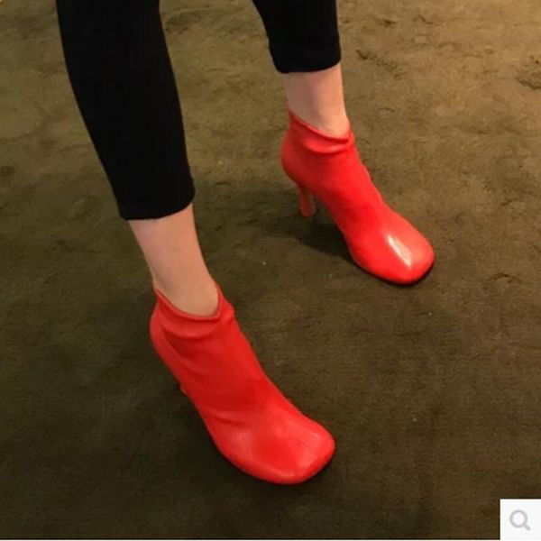 

boots shoes woman short ankle soft leather slip on super high heel booties women nightclub party zapatos de mujer, Black