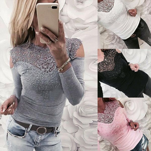 

fashion long sleeve blouse women tee shirt hollow out lace off shoulder solid floral cotton blouses, White