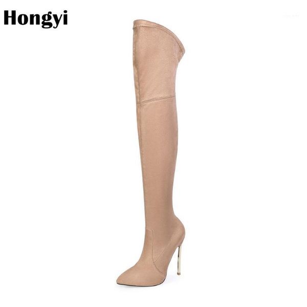 

hongyi 2020 over the knee boots winter pointy toe blade heeled women boots lady stretch fabric fashion big size 34-431, Black