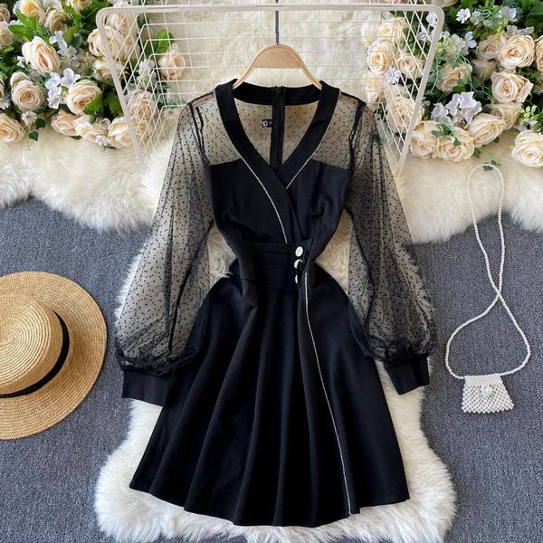 

mesh puff sleeve patchwork retro black dress for women fashion short dresses 2021 new spring summer dress girls runway, Black;gray