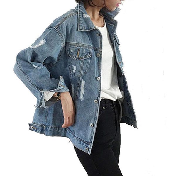 

women denim jacket coat solid loose single breasted turn-down collar jacket spring long sleeve pockets female jacket, Black;brown
