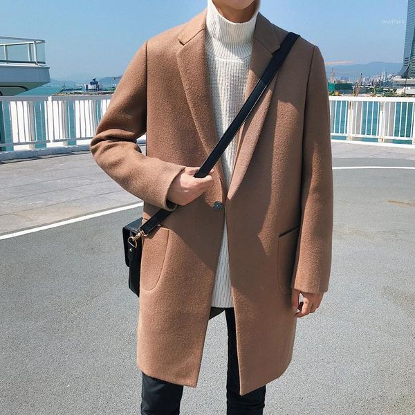 

casual fashion warm men long wool coat wide-waisted turn down collar winter jacket solid single button cashmere overcoat 20181, Black