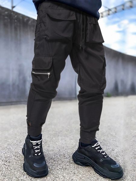 

men drawstring waist cargo pants n47r#, Black