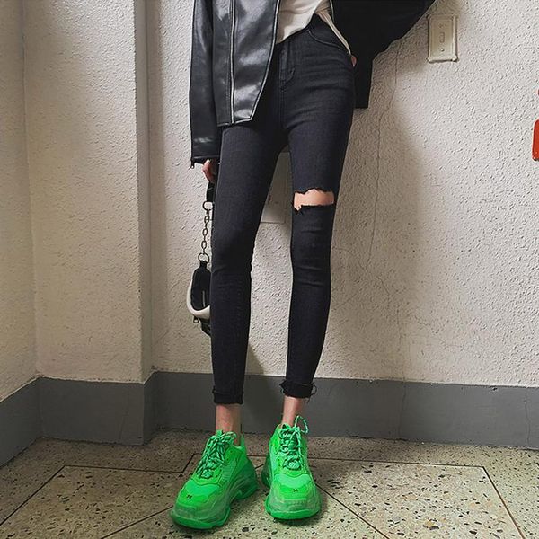 

2020 spring autumn fashion black denim trousers with holes at thigh female sell slim jeans super stretched pants wholesale, Blue