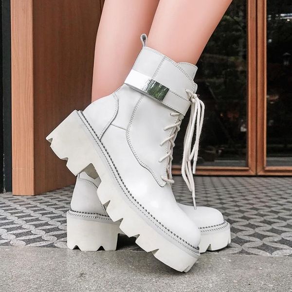 

boots pxelena autumn genuine cow leather punk gothic combat women shoes chunky block med heels lace up motorcycle, Black