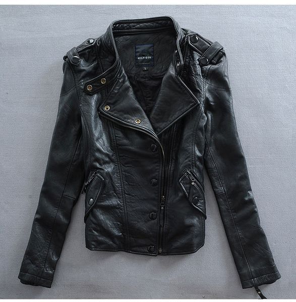

factory women slim cool punk style genuine leather imported 100% real goat skin jackets korea outwear 201030, Black