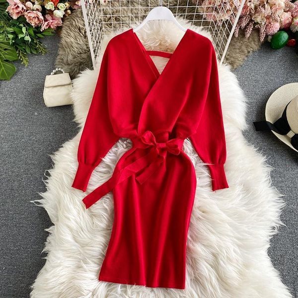 

woman sweater dress autumn winter 2020 korean casual v-neck long sleeve high waist slim was thin bag hip knit vestidos xxq51, Black;gray