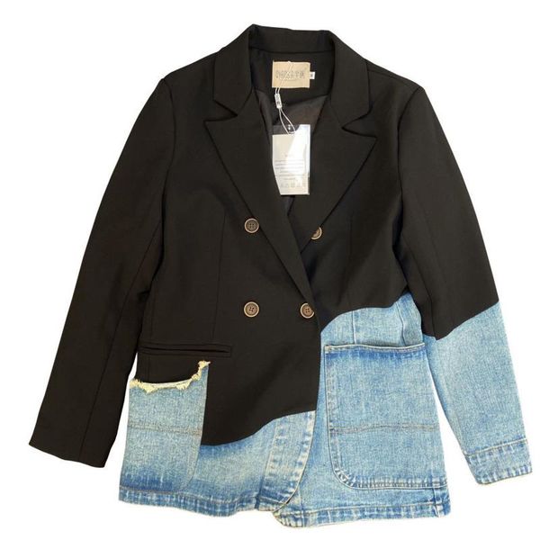 

ewq] 2021 new autumn fashion casual lapel long sleeve loose double breasted patchwork denim jacket coat women sf094, White;black