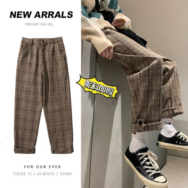 

2021 men's trousers autumn thin new winter plaid stamped and pants relaxed leisure young clothing 3odb, Black