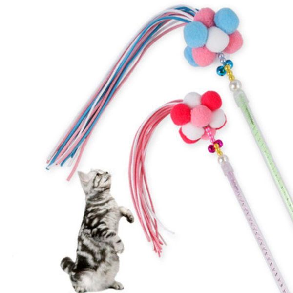 

cat toys fringe funny pet stick toy durable catcher sport colorful plush ball teasing kitten fishing rod interactive