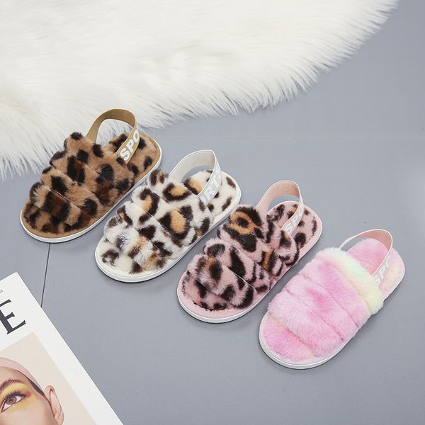 

womens fuzzy fluffy sandals leopard print house slippers soft indoor outdoor spa bedroom flat slide shoes with elastic strap kimter-z144z