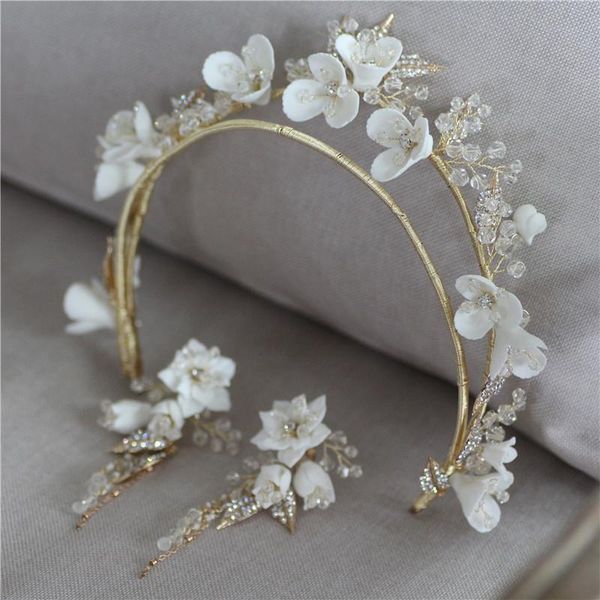 

porcelain flower wedding crown hair tiara rhinestone bridal jewelry fashion women hair accessories handmade headpiece, Golden;silver