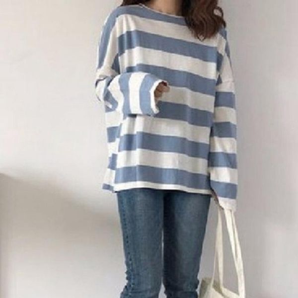 

2020 new ins tide student long-sleeved t-shirt female korean version of the wild striped loose women's bottoming shirt, White