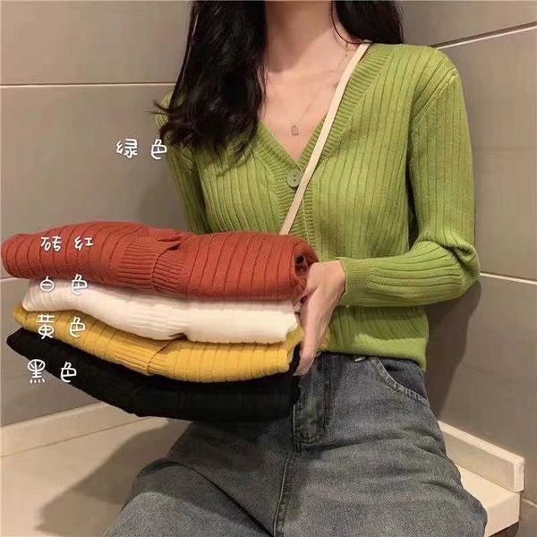 

2020 knitted women streetwear v neck button long sleeve cardigan cute solid 2019 autumn winter fashion women's sweater, White;black