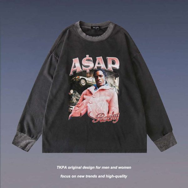 

tkpa american street hip hop rapper asap rocky figure print loose long sleeve sweater trend, Black