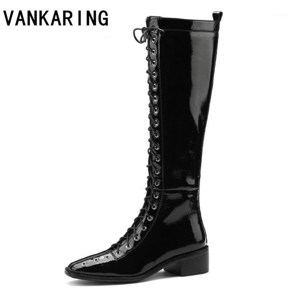 

2020 shoes women patent leather knee high boots black lace-up platform long boots paris fashion runway new style nightclub shoes1