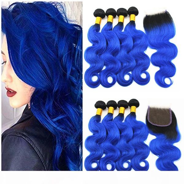 

blue color body wave hair extensions 3 or 4 bundles with 4x4 hair closure part brazilian 100% virgin human hair weaves 10-18inch, Black