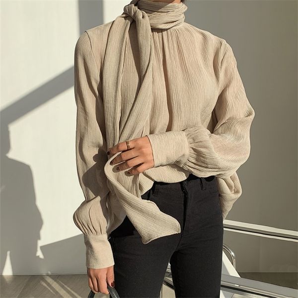 

2021 new korean style of women chiffon solid shirts plied long sleeves scarf sweaters office lady well matching spring clothes wblb, White