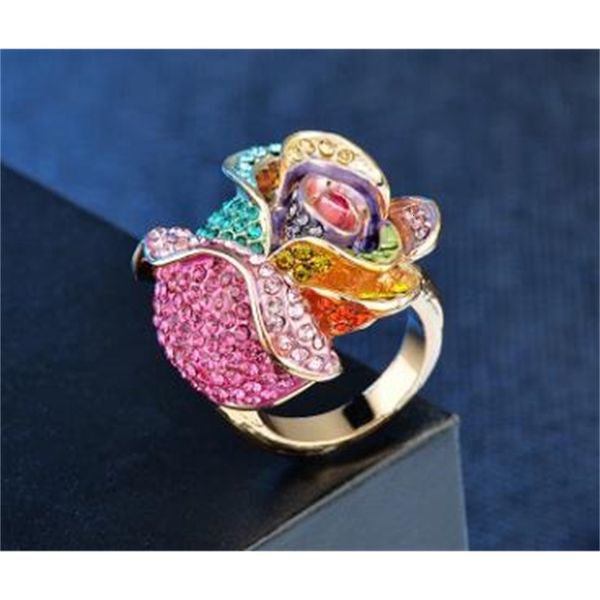 

rhinestone alloy inlaid colorful jewelry rose ring wholesale, Silver