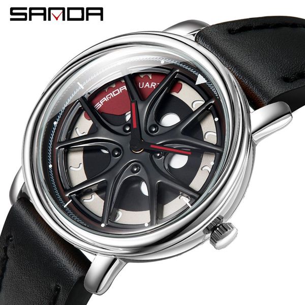 

sanda sell quartz movement men leather watch life waterproof creative car rim hub wheel rotating dial relogio masculino bbydrc, Silver