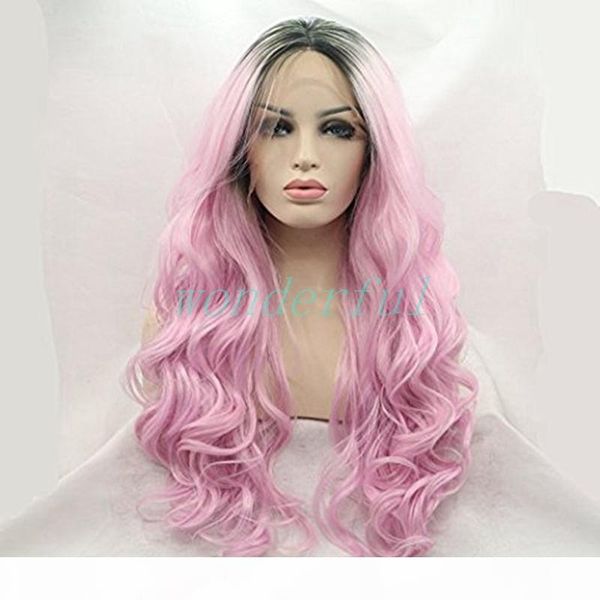 

long loose wave synthetic lace front wig ombre pink black roots heat resistant fiber pary wigs for women young girl cosplay
