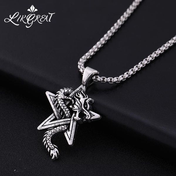 

likgreat vintage punk men's necklace pentagram star chinese dragon pendant necklace stainless steel chain hip hop punk jewelry, Silver
