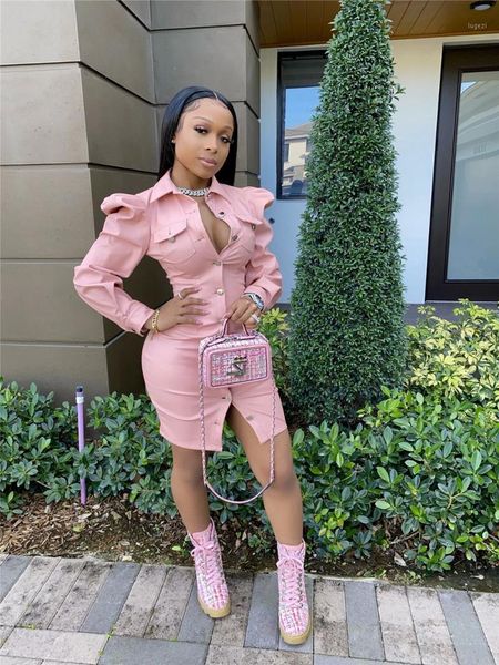 

felyn 2020 new arrival pu dress solid turn-down collar long sleeve club mini dress vestidos1, Black;gray