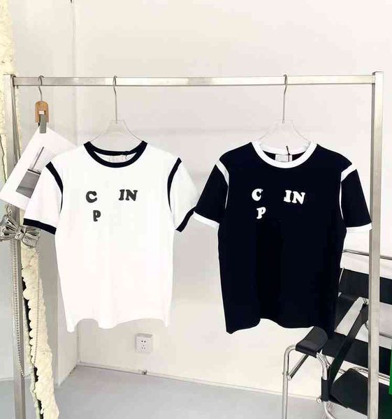 

spring and summer new color contrast printing collar black white splicing age reducing short sleeve women's t-shirt