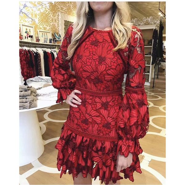 

new woman dressed in red lace lantern-o-neck hollow sleeve wear thin mini dress lady summer meeting yy91, Black;gray