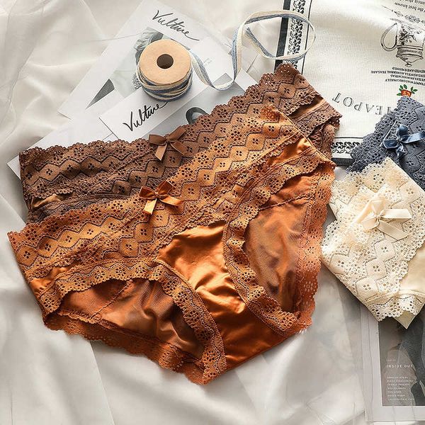 

new satin lace underwear women's hollow mesh breathable women's briefs, Black;pink