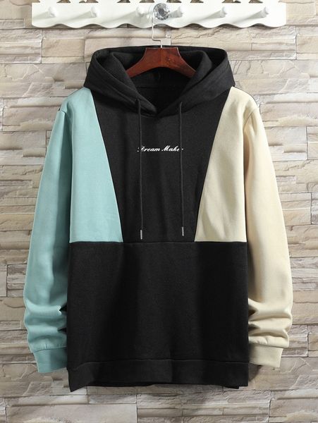 

men letter graphic color block drawstring detail thermal lined hoodie a2nm#, Black