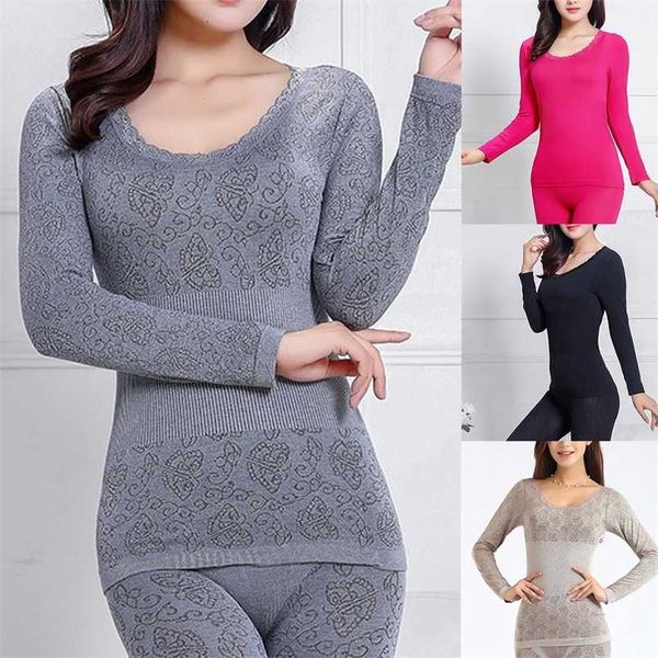 

lace thermal underwear ladies clothes warm winter print seamless antibacterial intimates elastic women shaped sets 211221, Black;pink