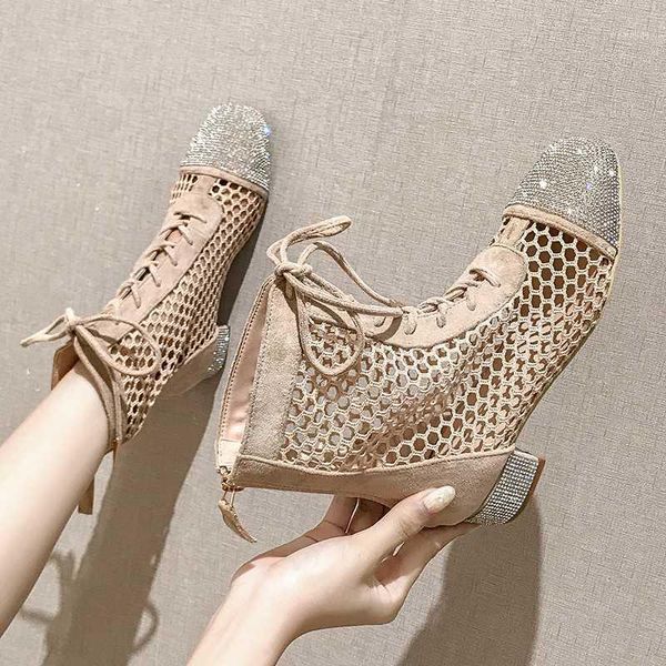 

boots shoes woman botas mujer square toe zapatos de summer mesh hollow lace up women rhinestone low heels shoes1, Black