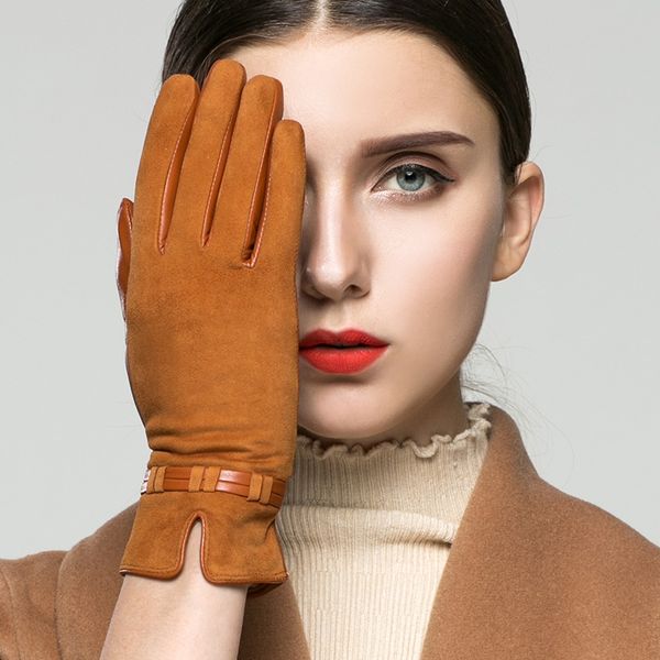 

wholesale-brand genuine leather suede women gloves autumn winter plus velvet fashion elegant lady goatskin glove for driving, Blue;gray