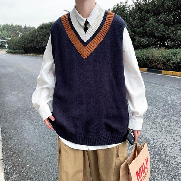 

2021 mens v-neck sweater vest spring autumn lovers harajuku korean fashions male streetwear sleeveless waistcoat clothing, Black;white